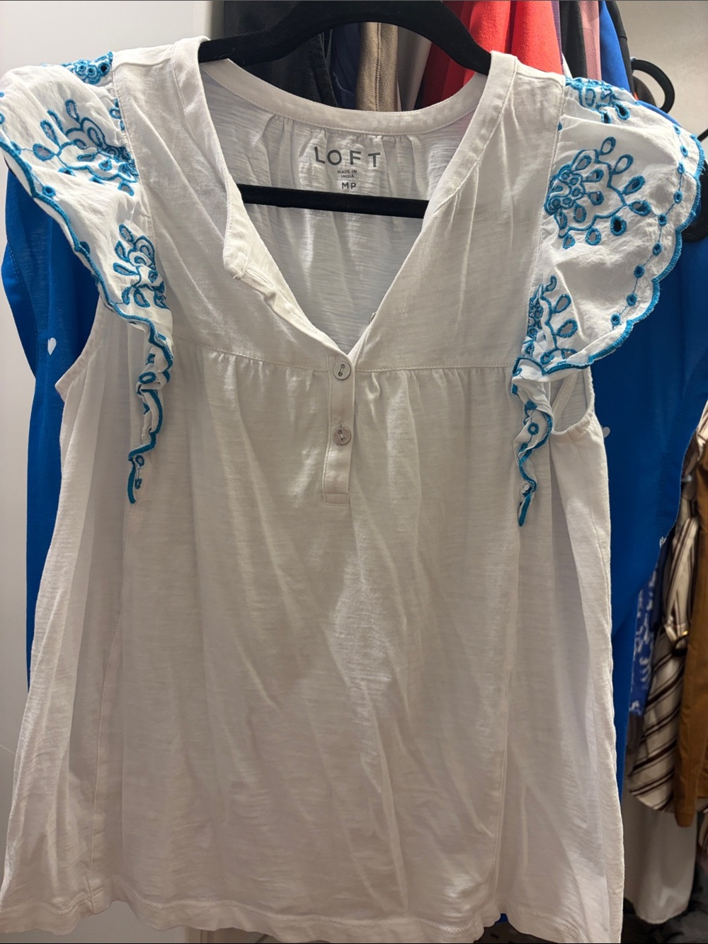 LOFT White Embroidered Flutter Sleeve Top with Blue Accents